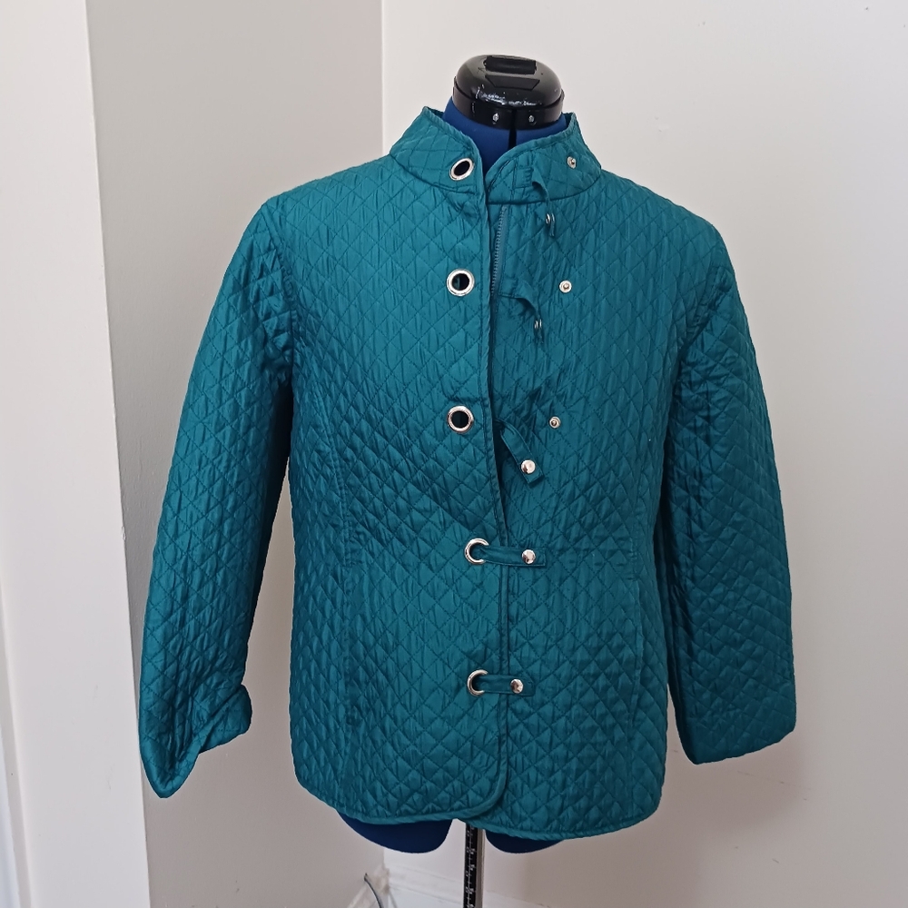 Silk Jacket By Carole Little Teal Color Quilted Medium Pockets Quilted Light Vtg